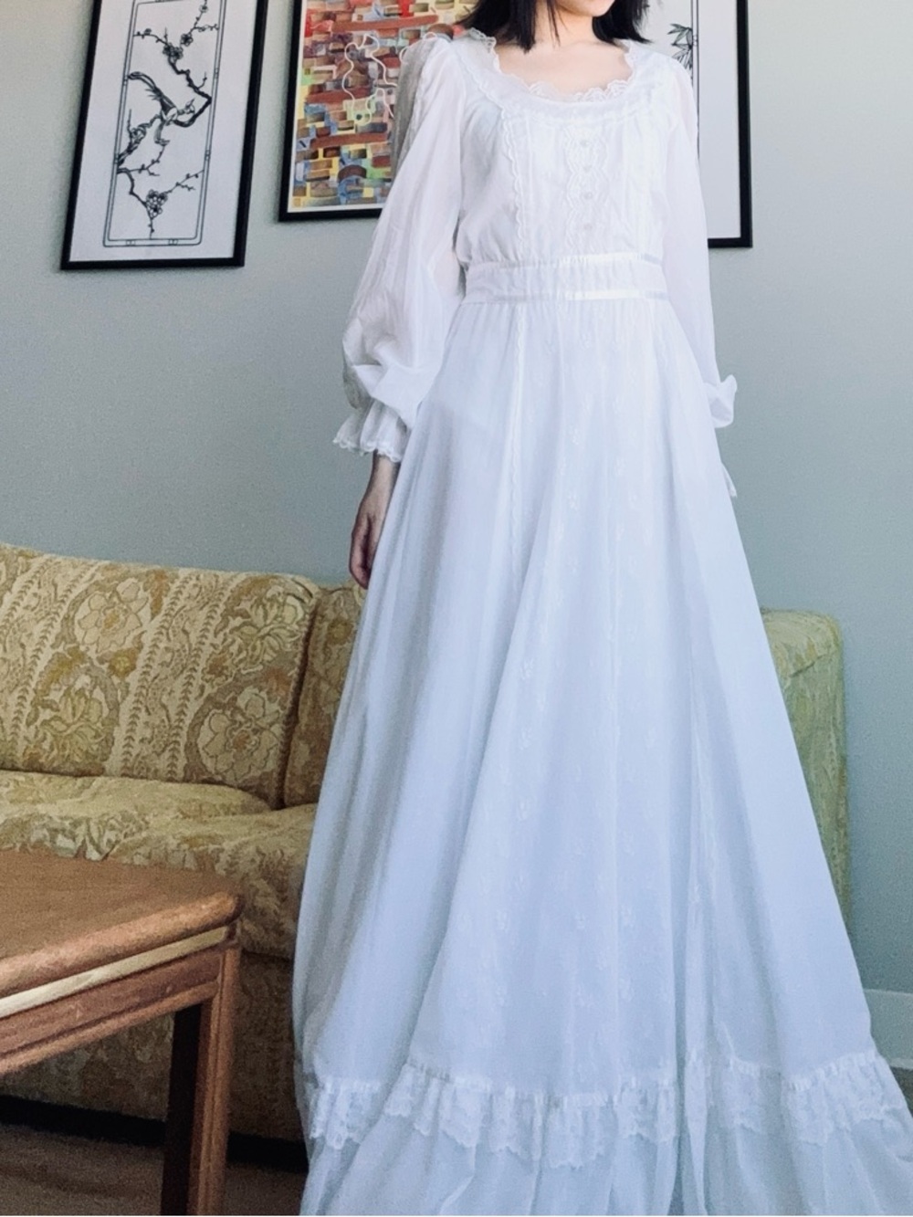 tagless Gunne Sax 70s white poet sleeve voile maxi prairie gown